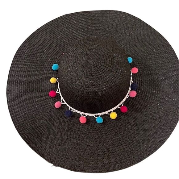 Black sun hat with color Pom Poms - Picture 1 of 5